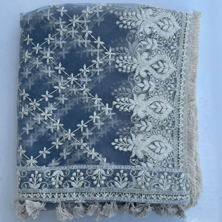anokherang Dupattas Gray Floral Chikankari Net Dupatta