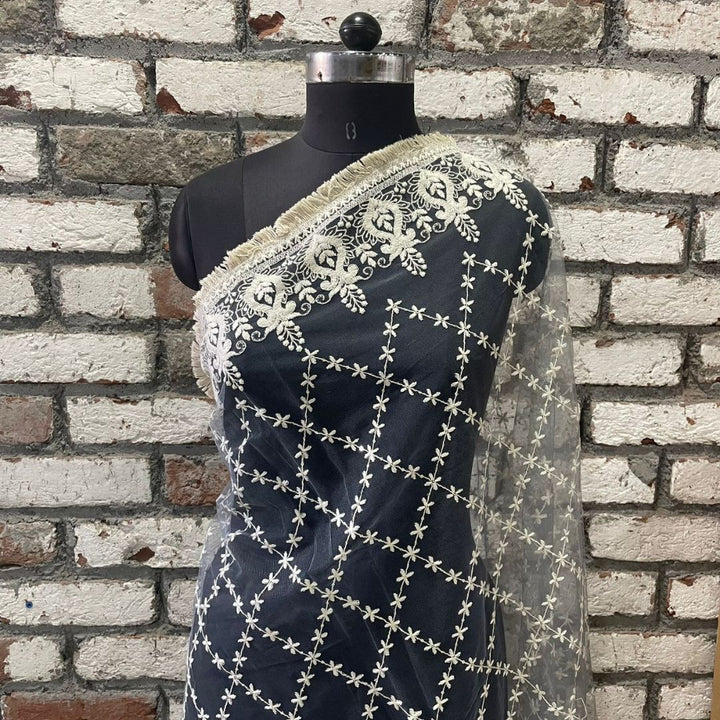 anokherang Dupattas Gray Floral Chikankari Net Dupatta