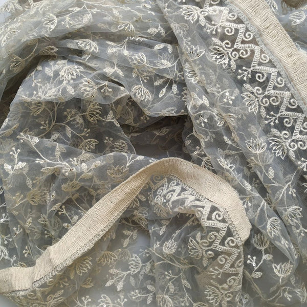 Gray Thread Chikankari Embroidered Net Dupatta
