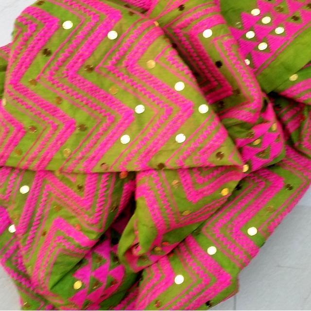 anokherang Dupattas Green and Pink Phulkari Dupatta
