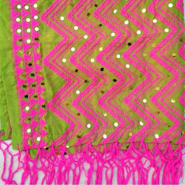 anokherang Dupattas Green and Pink Phulkari Dupatta