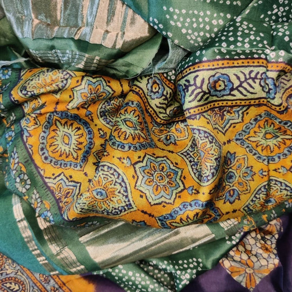 anokherang Dupattas Green Bandhani Ikkat Print Silk Dupatta