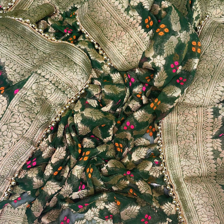 anokherang Dupattas Green Bandhej Georgette Banarsi Dupatta