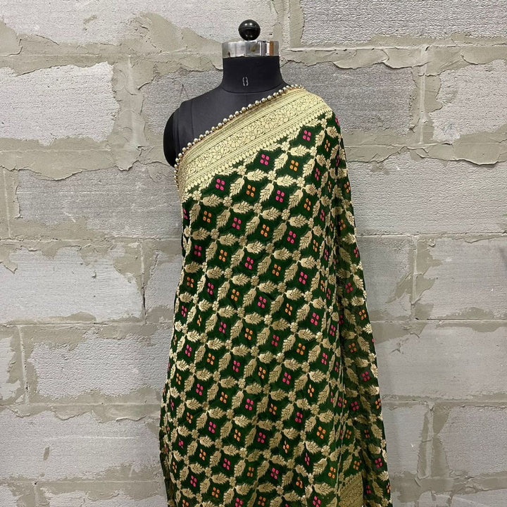 anokherang Dupattas Green Bandhej Georgette Banarsi Dupatta