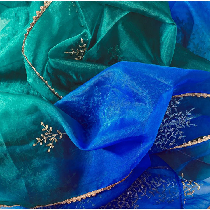 anokherang Dupattas Green Blue Festive Embroidered Organza Dupatta