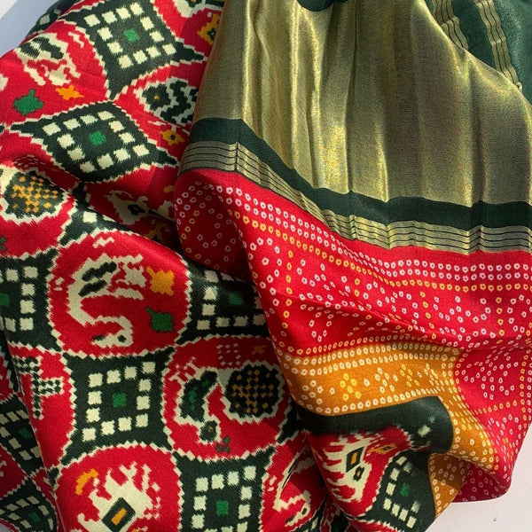 anokherang Dupattas Green Red Patola Printed Silk Dupatta