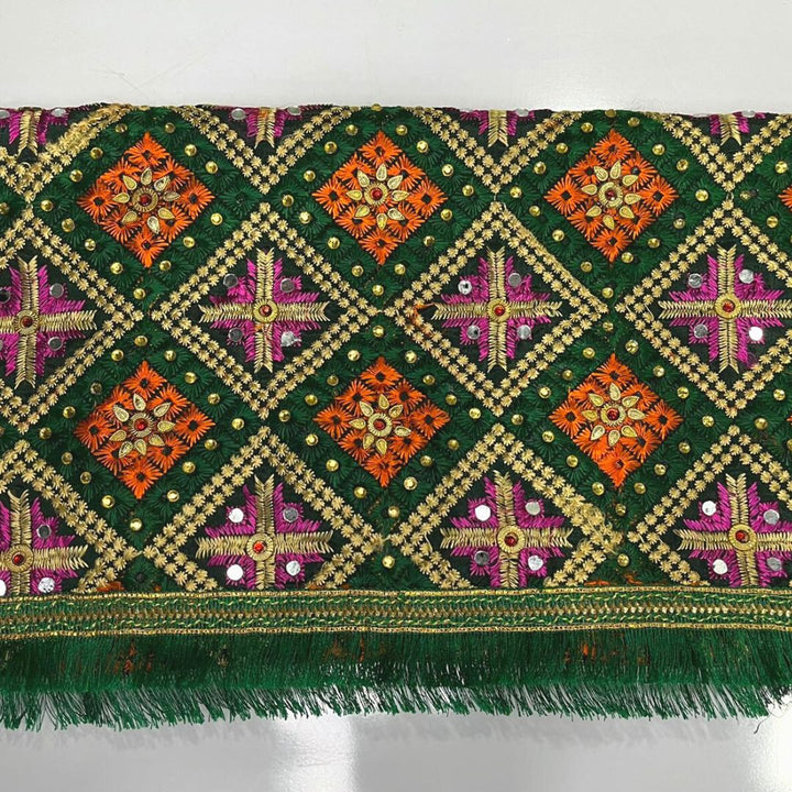 anokherang Dupattas Green Sequence Stone Phulkari Dupatta