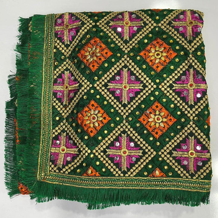 anokherang Dupattas Green Sequence Stone Phulkari Dupatta
