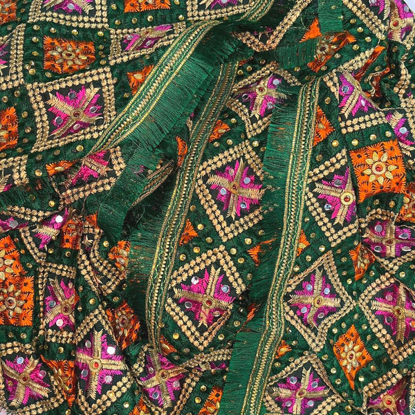 anokherang Dupattas Green Sequence Stone Phulkari Dupatta
