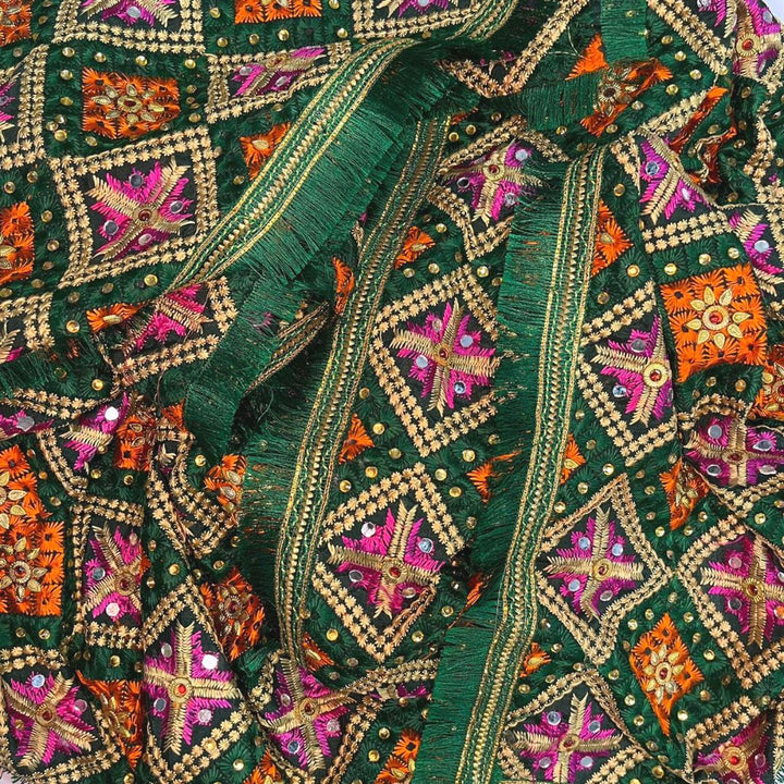 anokherang Dupattas Green Sequence Stone Phulkari Dupatta