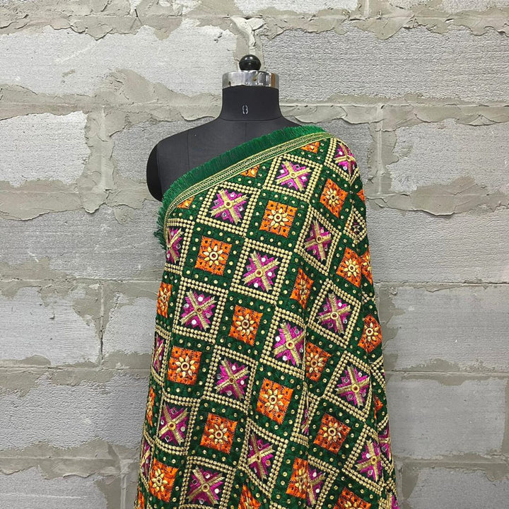 anokherang Dupattas Green Sequence Stone Phulkari Dupatta
