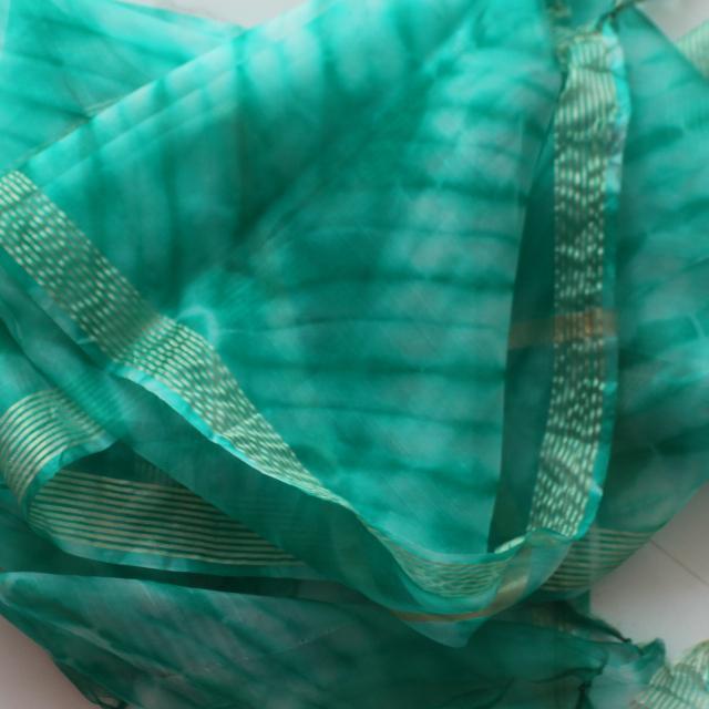 anokherang Dupattas Green White Tie Dye Organza Dupatta