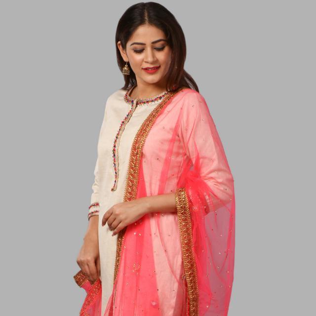 anokherang Dupattas Hot Carrot Pink Mirror and Stone Net Dupatta