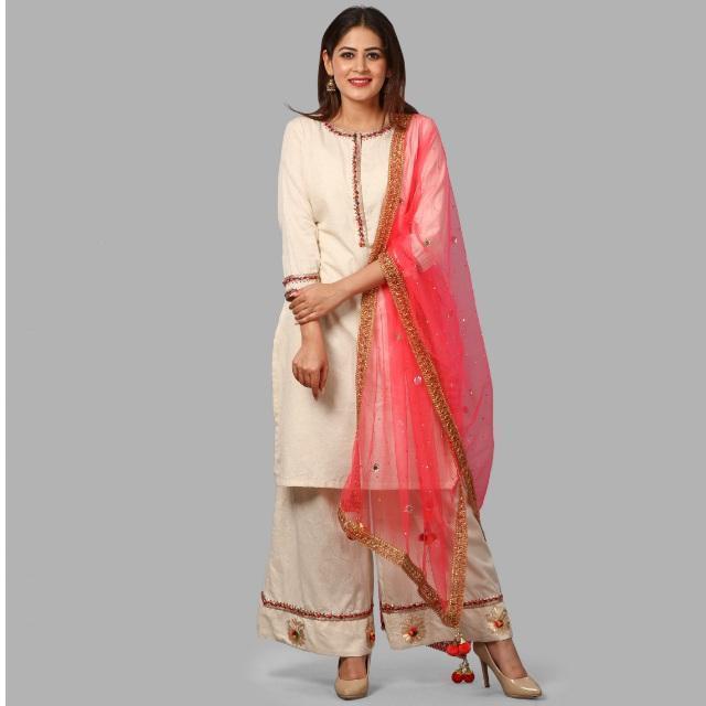 anokherang Dupattas Hot Carrot Pink Mirror and Stone Net Dupatta