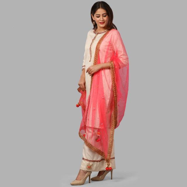 anokherang Dupattas Hot Carrot Pink Mirror and Stone Net Dupatta