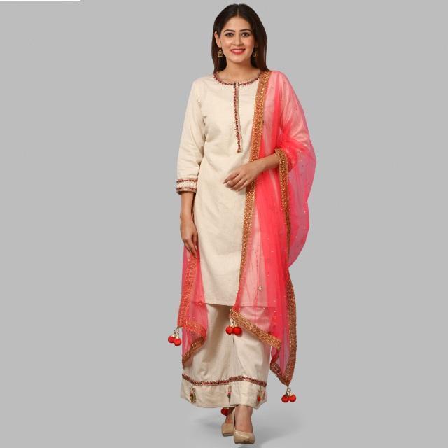 anokherang Dupattas Hot Carrot Pink Mirror and Stone Net Dupatta