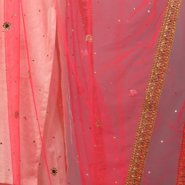 anokherang Dupattas Hot Carrot Pink Mirror and Stone Net Dupatta