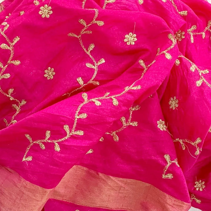 anokherang Dupattas Hot Pink Floral Zari Trails Silk Dupatta