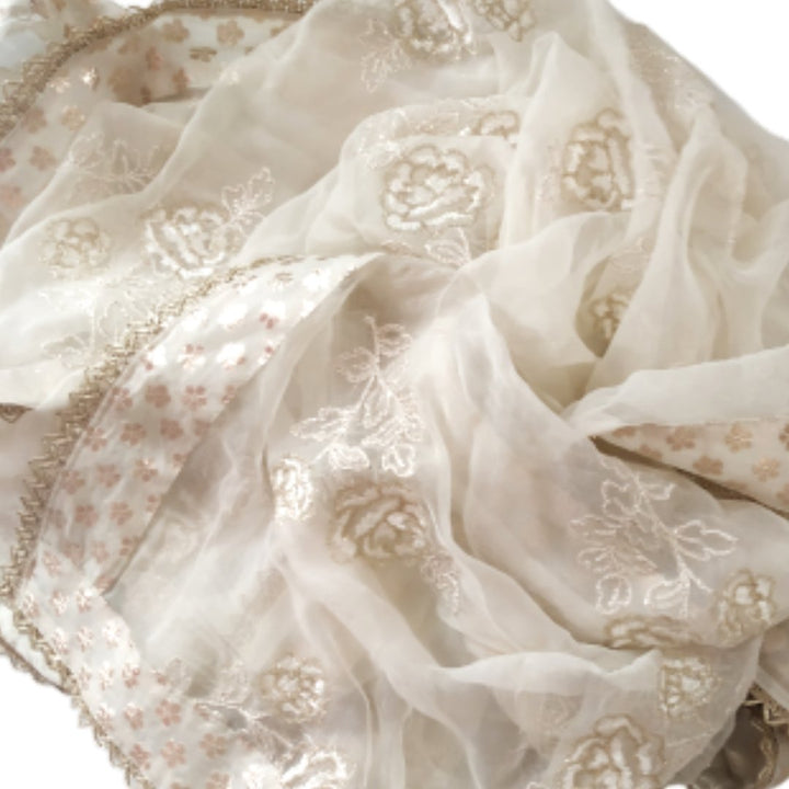 anokherang Dupattas Ivory Floral Thread Embroidered Chiffon Dupatta