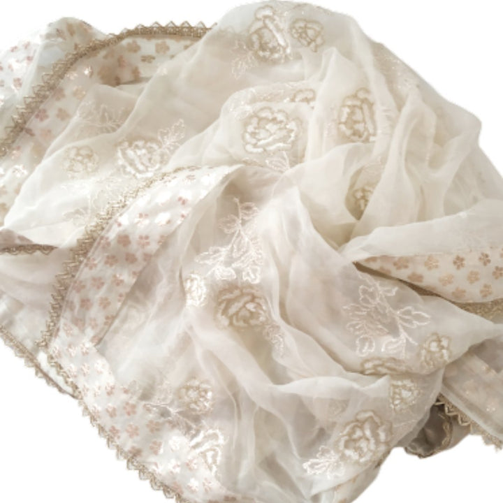 anokherang Dupattas Ivory Floral Thread Embroidered Chiffon Dupatta