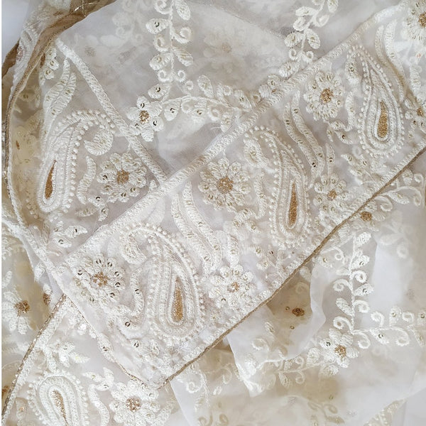 anokherang Dupattas Ivory HoneyCombe Thread Embroidered Chiffon Dupatta