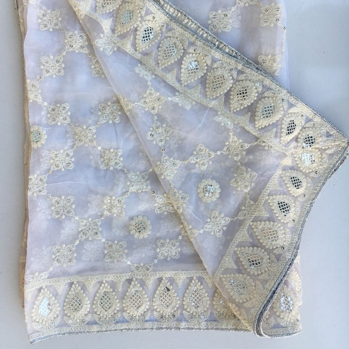 anokherang Dupattas Ivory HoneyCombe Thread Embroidered Chiffon Dupatta