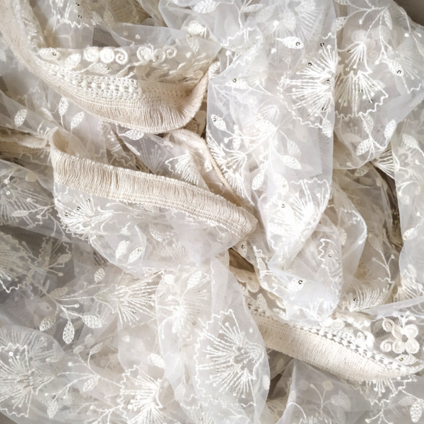 Ivory White Floral Tassel Dupatta