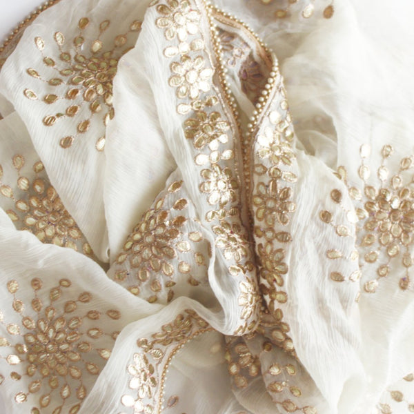 anokherang Dupattas Ivory White Gotta Patti Floral Chiffon Dupatta