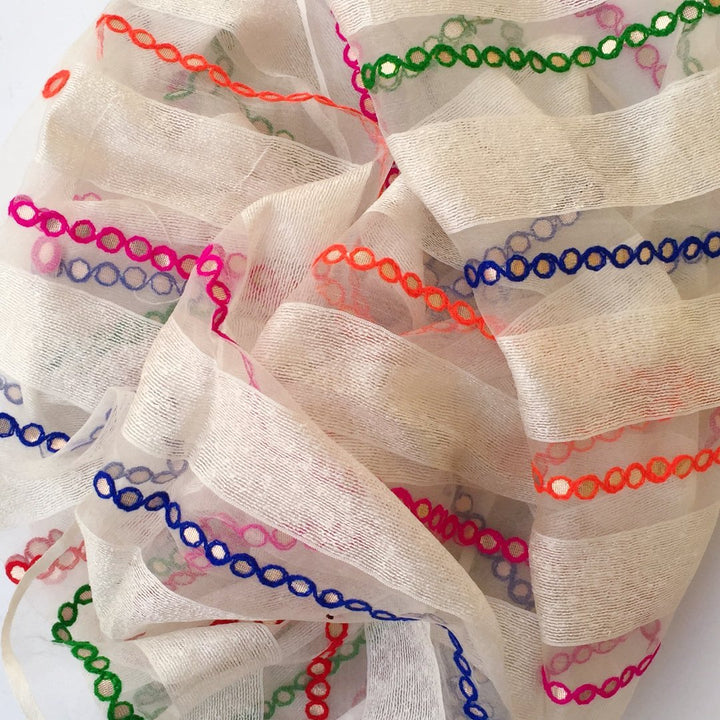 anokherang Dupattas Ivory White Multi Colored Mirror Organza Dupatta