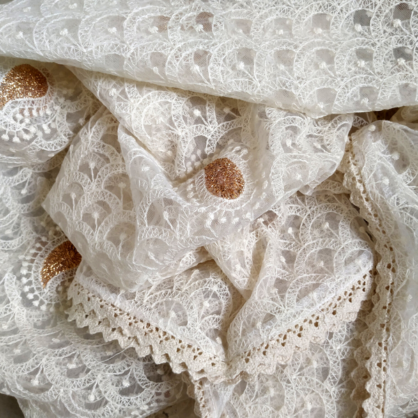 Ivory Chikankari Paisley Net Dupatta