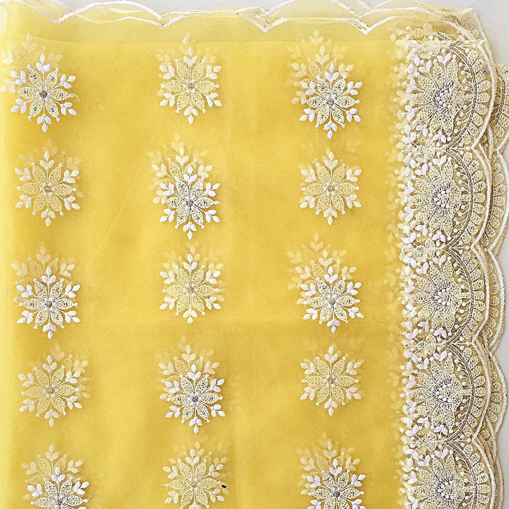 anokherang Dupattas Lemon Yellow Chikankari Embroidered Net Dupatta