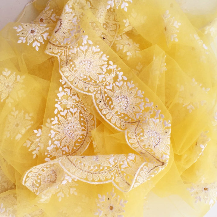 anokherang Dupattas Lemon Yellow Chikankari Embroidered Net Dupatta