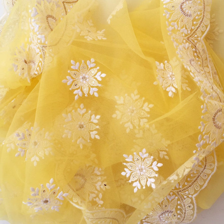 anokherang Dupattas Lemon Yellow Chikankari Embroidered Net Dupatta