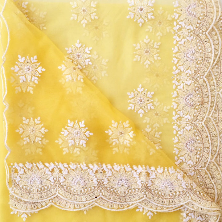 anokherang Dupattas Lemon Yellow Chikankari Embroidered Net Dupatta