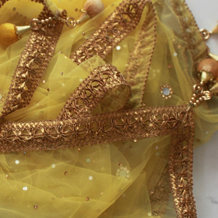 anokherang Dupattas Lemon Yellow Net Mirror Stone Dupatta
