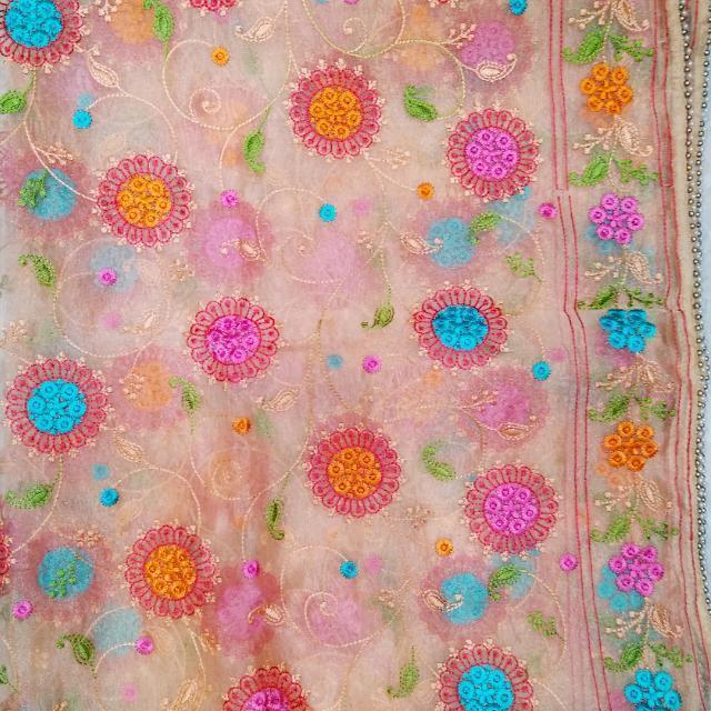 anokherang Dupattas Light Peach Floral Embroidered Organza Dupatta