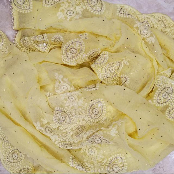 anokherang Dupattas Light Yellow Thread Embroidered Chiffon Dupatta