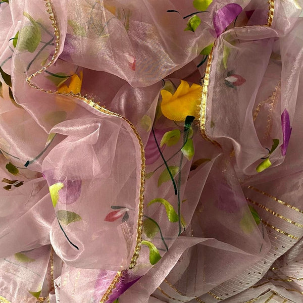 anokherang Dupattas Lilac Floral Hand Painted Organza Gotta Sequin Dupatta