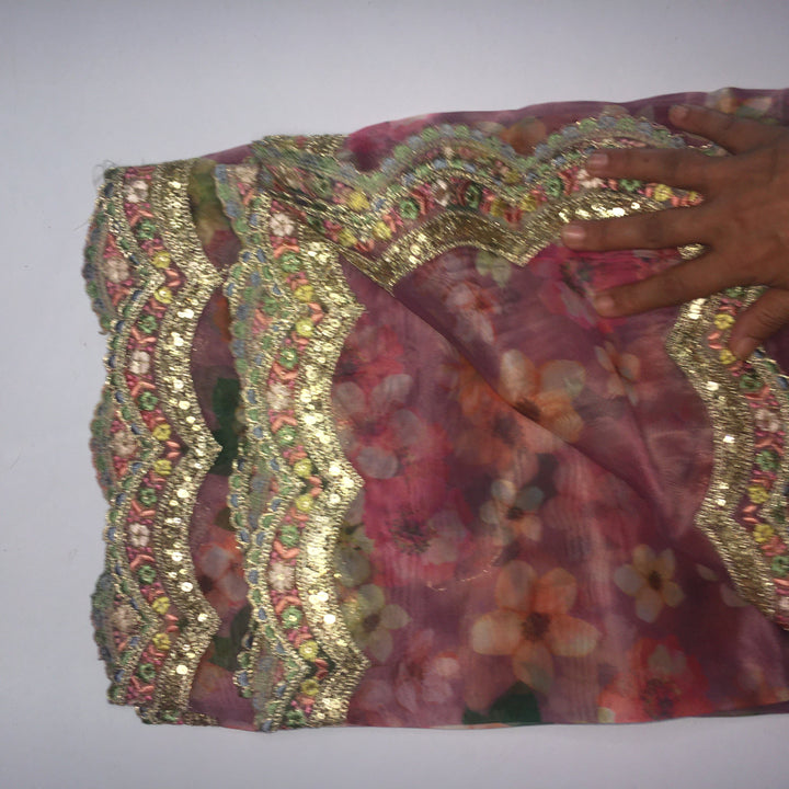 anokherang Dupattas Lilac Thread & Sequence Scalloped Floral Organza Dupatta