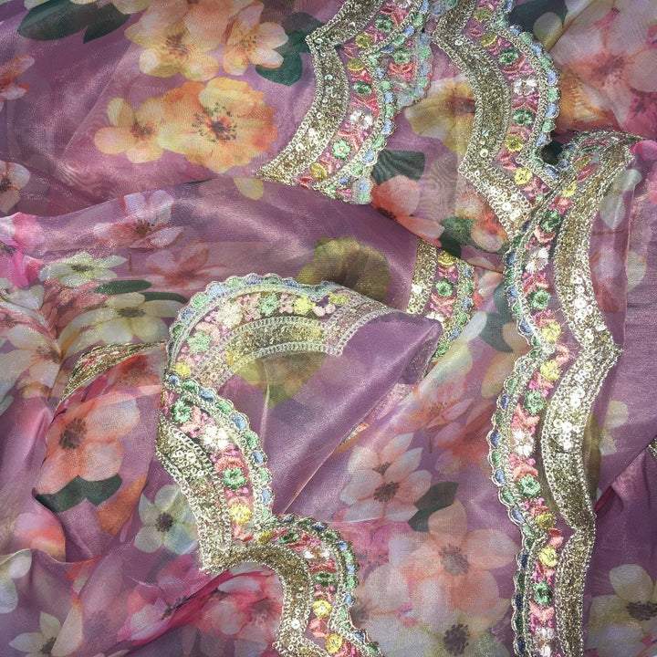 anokherang Dupattas Lilac Thread & Sequence Scalloped Floral Organza Dupatta