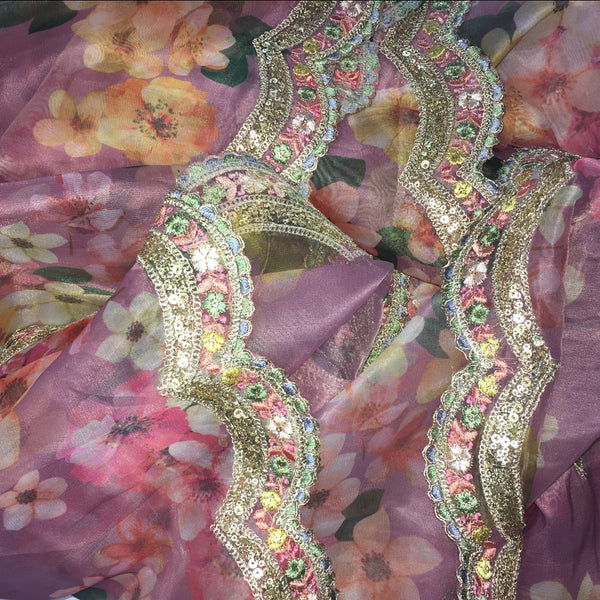 anokherang Dupattas Lilac Thread & Sequence Scalloped Floral Organza Dupatta