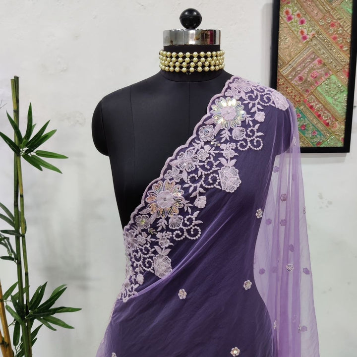 anokherang Dupattas Lilac Wonder Embroidered Scalloped Net Dupatta