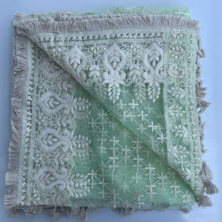 anokherang Dupattas Lime Green Floral Chikankari Net Dupatta