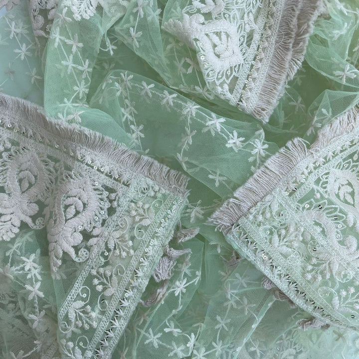 anokherang Dupattas Lime Green Floral Chikankari Net Dupatta