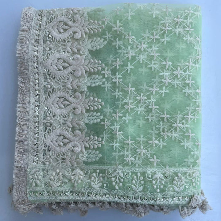 anokherang Dupattas Lime Green Floral Chikankari Net Dupatta