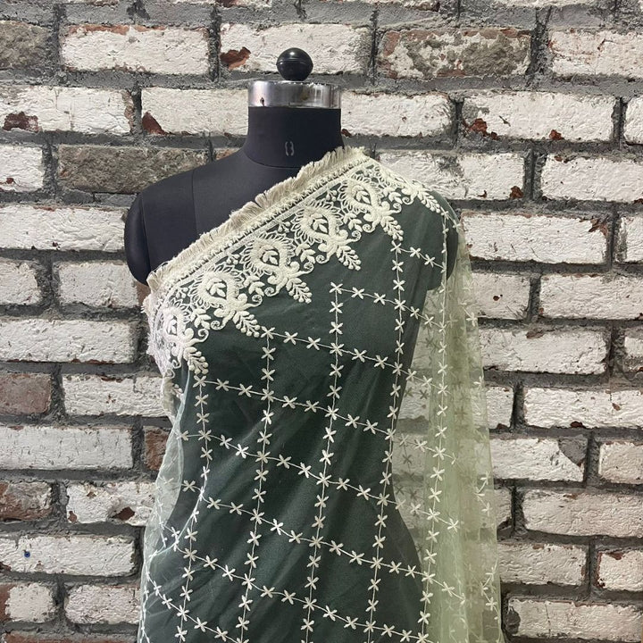 anokherang Dupattas Lime Green Floral Chikankari Net Dupatta