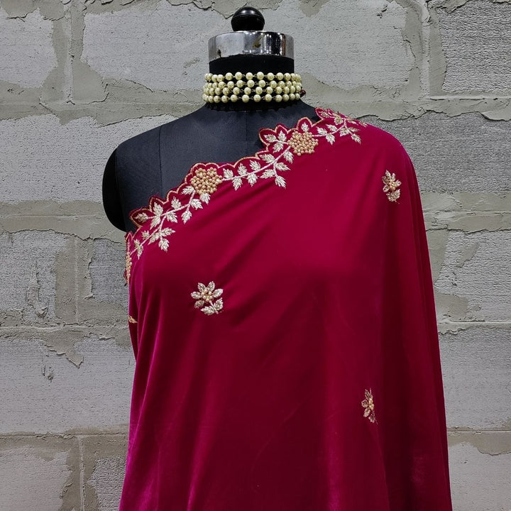 anokherang Dupattas Magenta Thread and Pearls Embroidered Velvet Dupatta