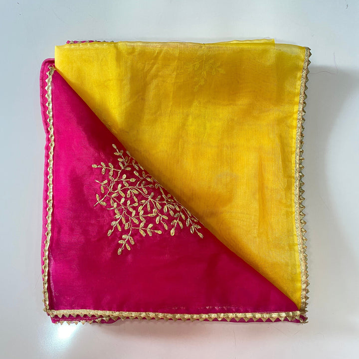 anokherang Dupattas Magenta Yellow Festive Embroidered Organza Dupatta