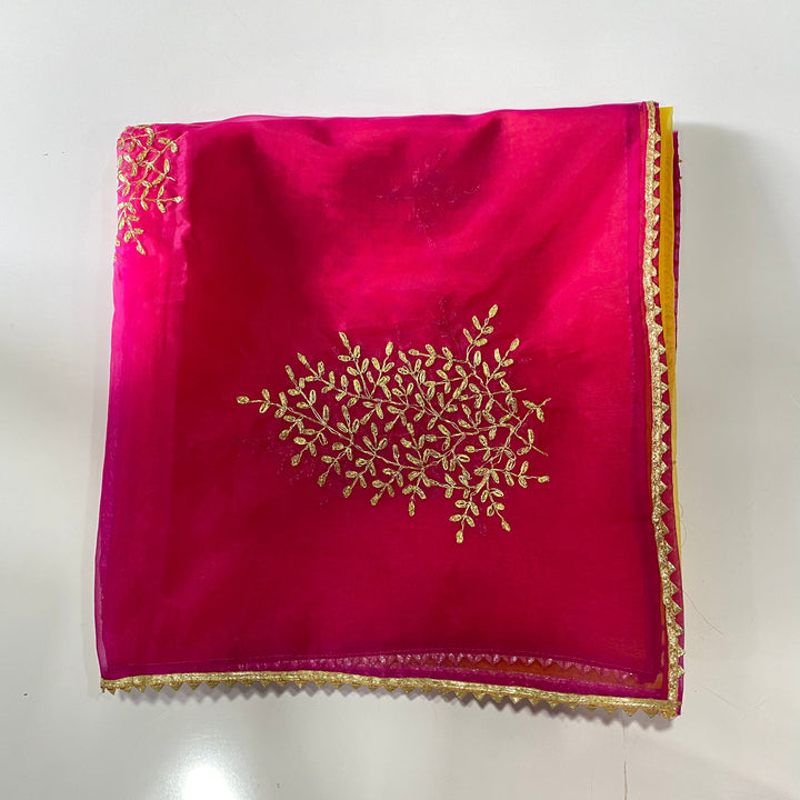 anokherang Dupattas Magenta Yellow Festive Embroidered Organza Dupatta