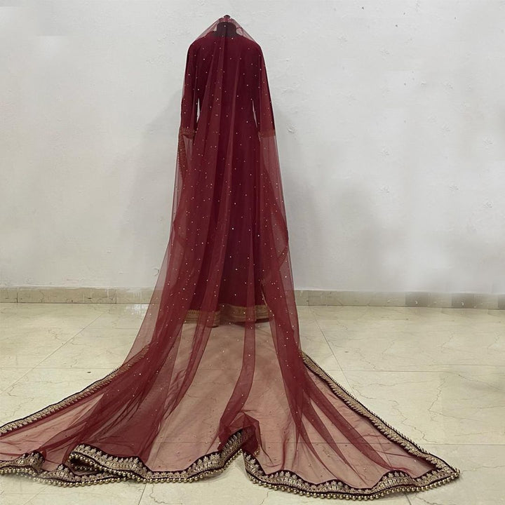 anokherang Dupattas Maroon Trail Net Stone Dupatta